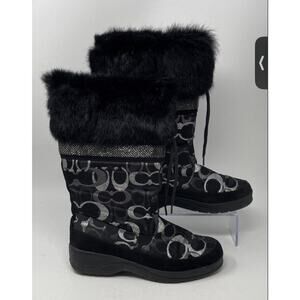 Y2K Coach Lizzie Signature C Monogram Canvas Winter Snow Boots w/Fur Trim Sz 8.5
